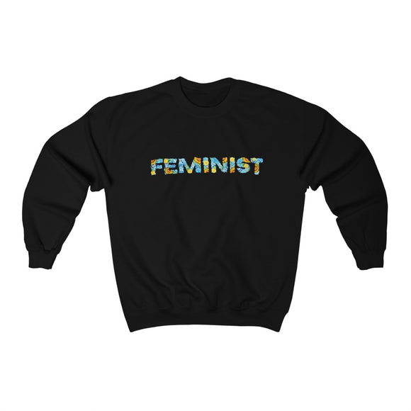 Printed Feminist Floral Block Letter Embroidery Black Crewneck