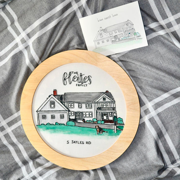 Custom Embroidery and Watercolor House Portrait