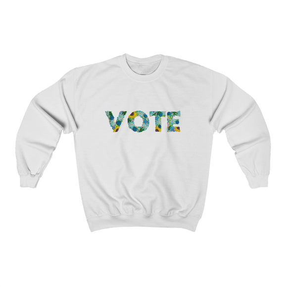 Printed Vote Floral Block Letter Embroidery White Crewneck