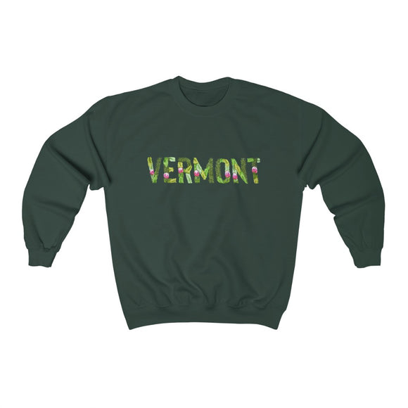 Printed Vermont Floral Block Letter / State Flower Embroidery Green Crewneck